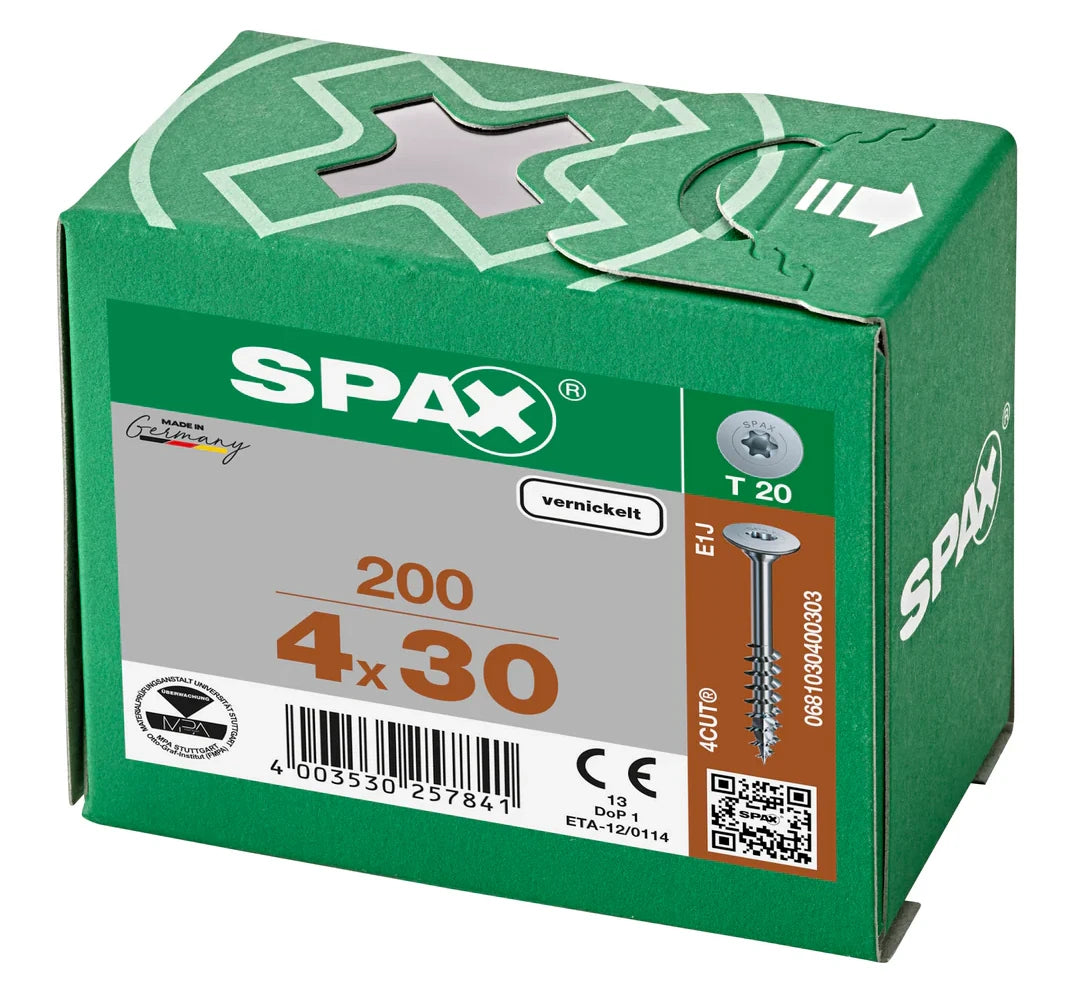 SPAX 4 x 30mm T-Star F-Head cabinet screw box of 200