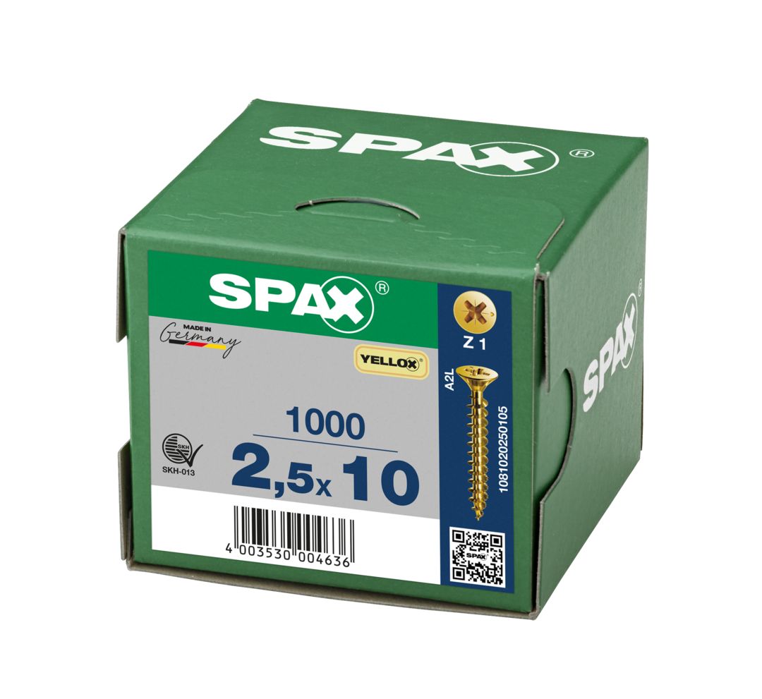 SPAX 2.5 x 10mm pozi countersunk Yellox woodscrew box of 1000
