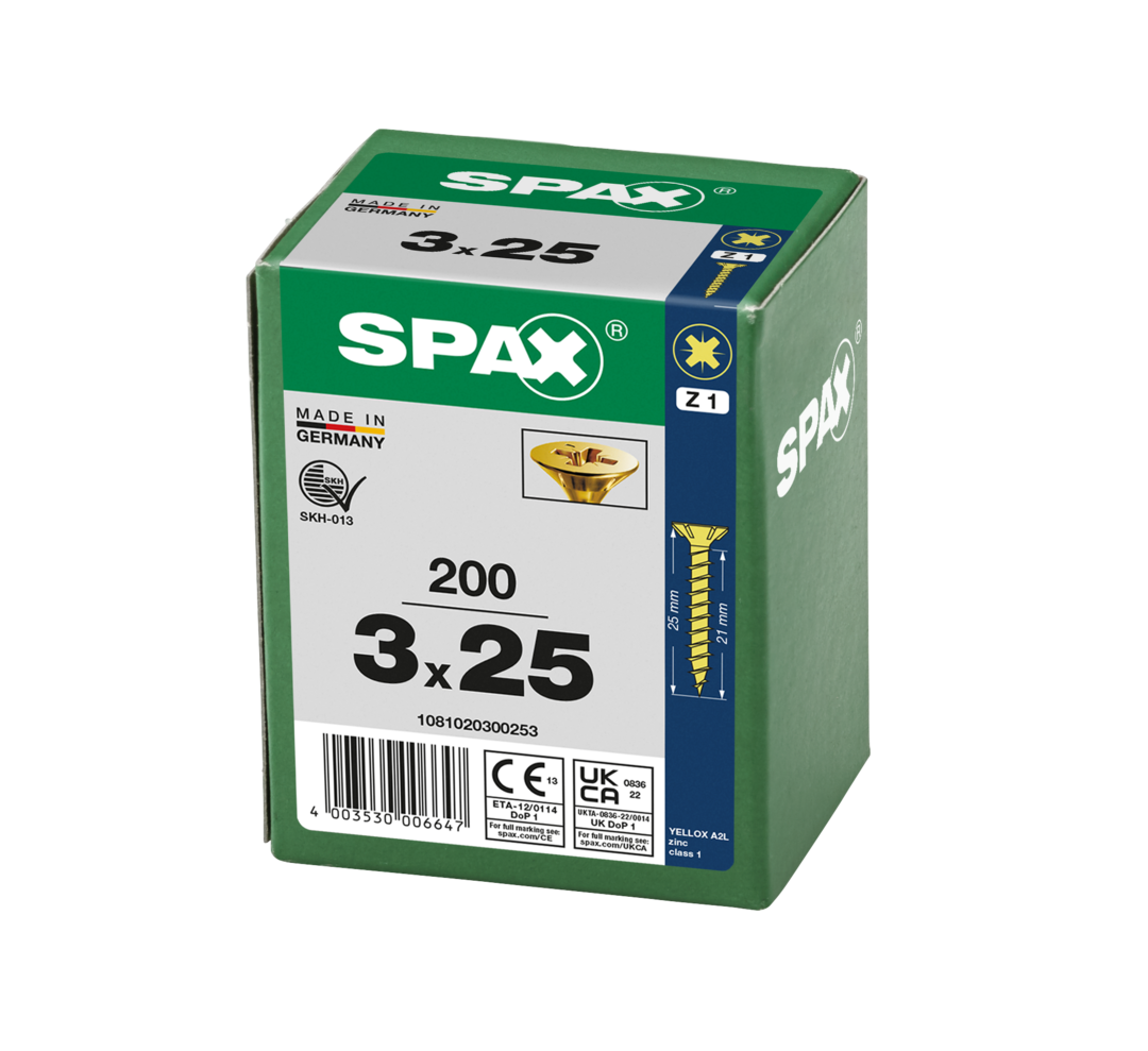 SPAX 3 x 25mm pozi countersunk Yellox woodscrew box of 200