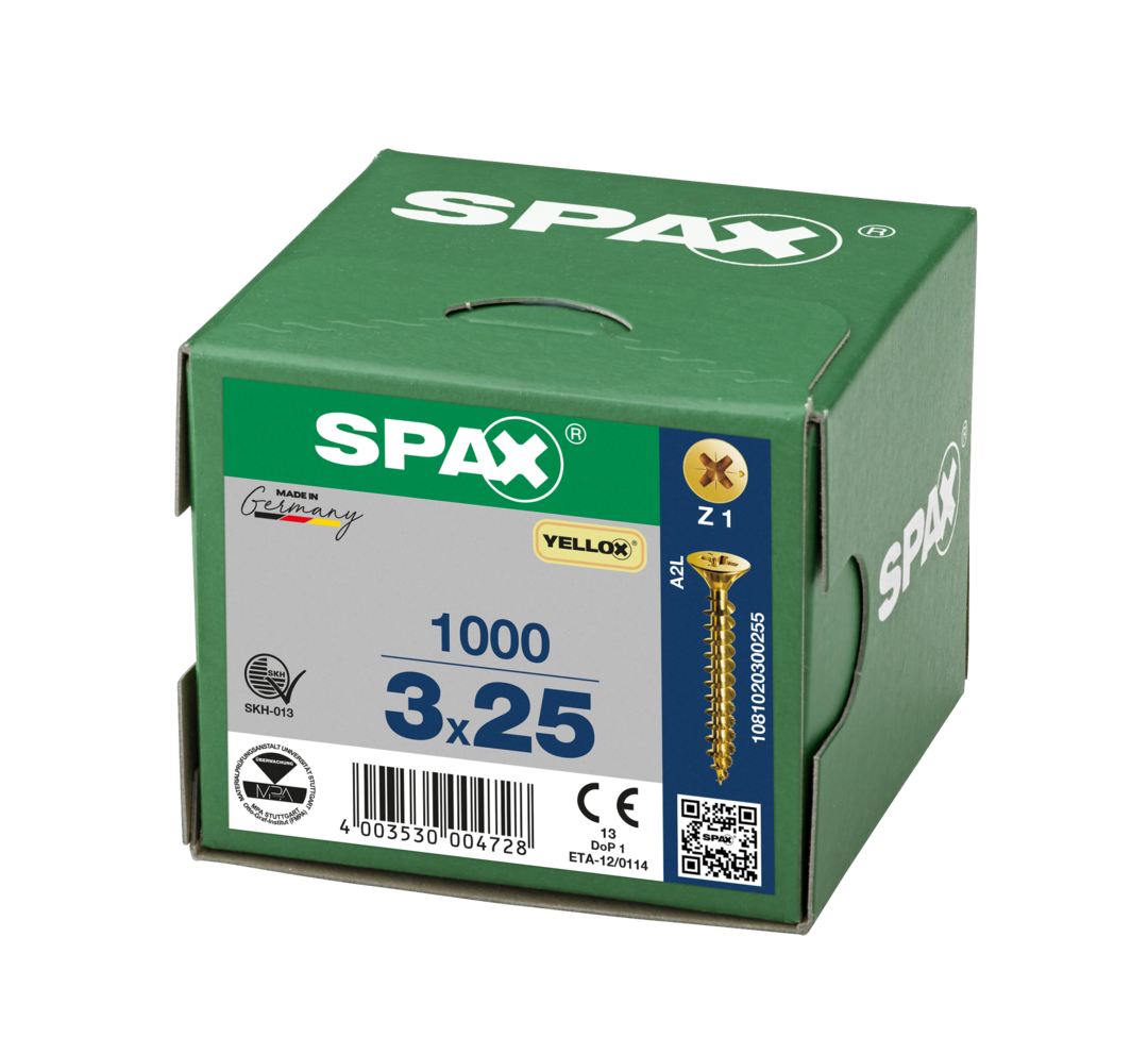 SPAX 3 x 25mm pozi countersunk Yellox woodscrew box of 1000