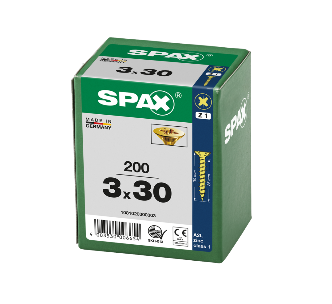 SPAX 3 x 30mm pozi countersunk Yellox woodscrew box of 200