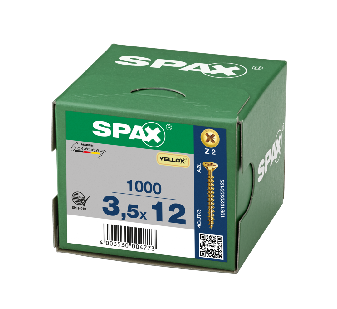 SPAX 3.5 x 12mm pozi countersunk Yellox woodscrew box of 1000