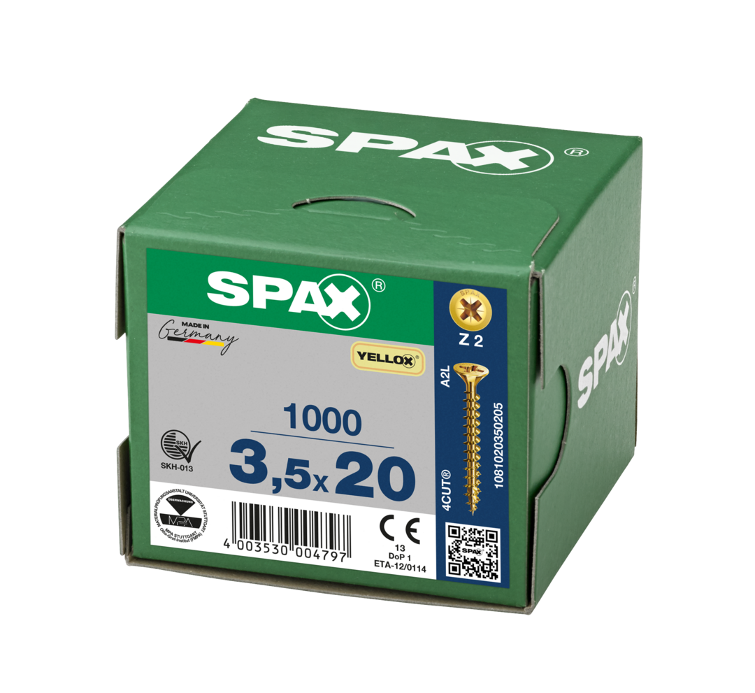 SPAX 3.5 x 20mm pozi countersunk Yellox woodscrew box of 1000