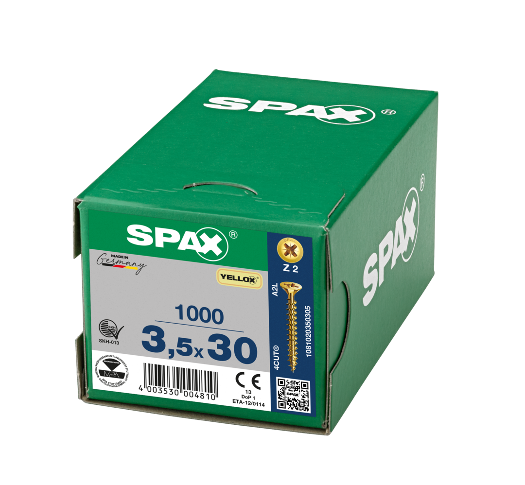 SPAX 3.5 x 30mm pozi countersunk Yellox woodscrew box of 1000