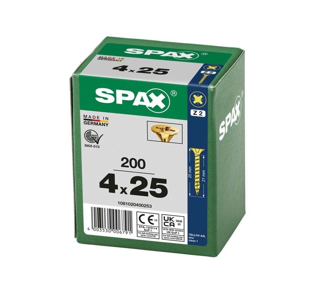 SPAX 4 x 25mm pozi countersunk Yellox woodscrew box of 200