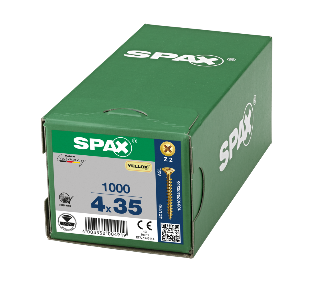 SPAX 4 x 35mm pozi countersunk Yellox woodscrew box of 1000