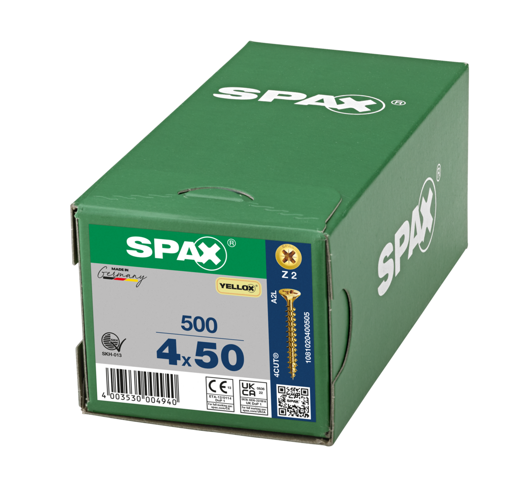 SPAX 4 x 50mm pozi countersunk Yellox woodscrew box of 500