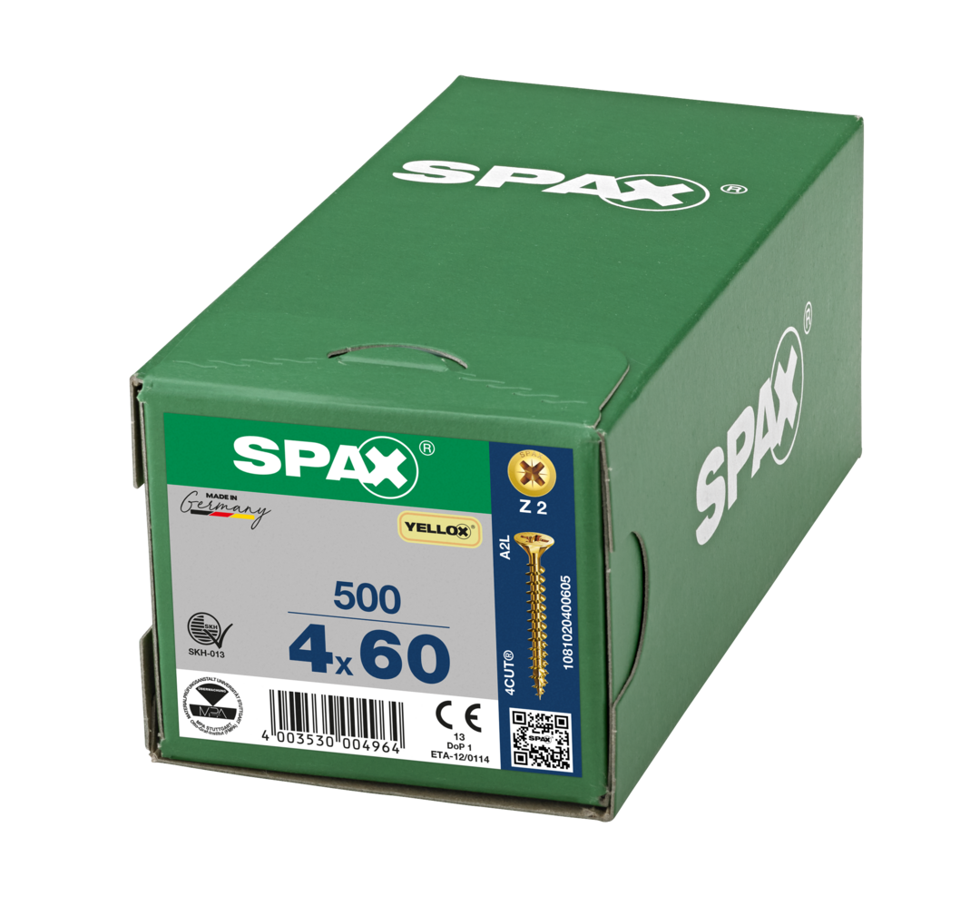 SPAX 4 x 60mm pozi countersunk Yellox woodscrew box of 500