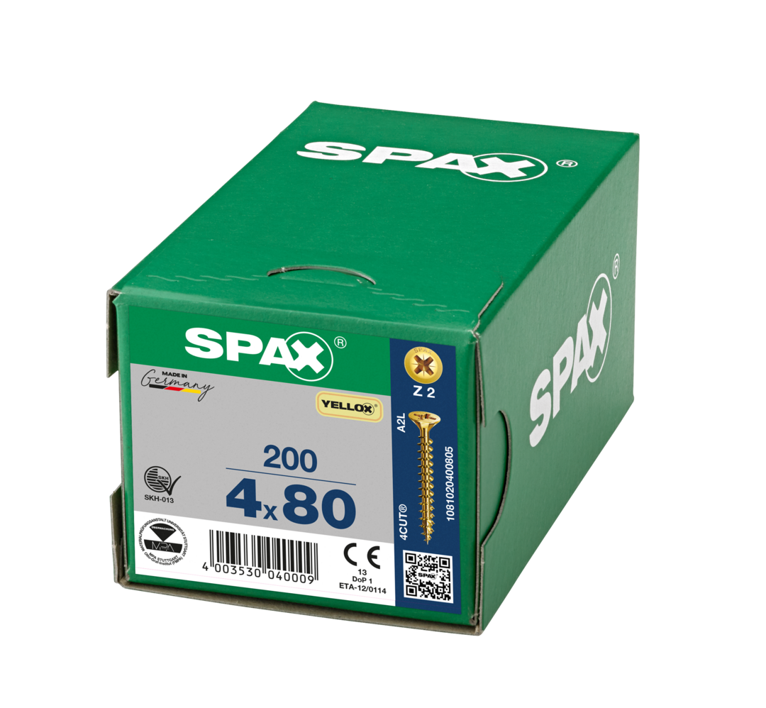SPAX 4 x 80mm pozi countersunk Yellox woodscrew box of 200