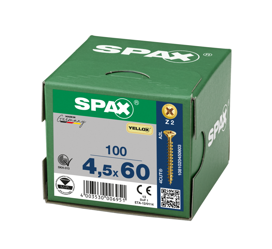 SPAX 4.5 x 60mm pozi countersunk Yellox woodscrew box of 100