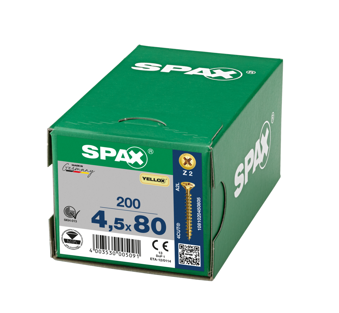 SPAX 4.5 x 80mm pozi countersunk Yellox woodscrew box of 200