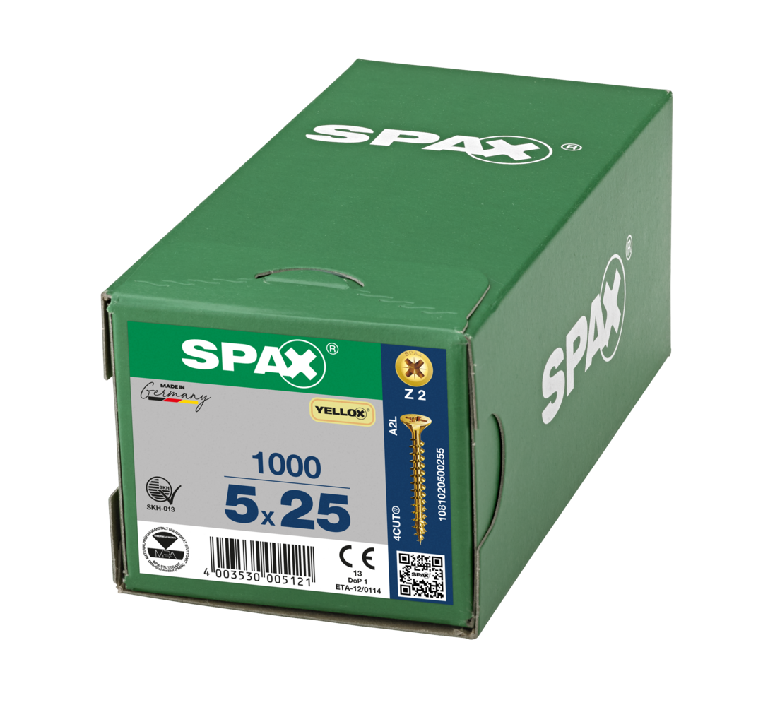 SPAX 5 x 25mm pozi countersunk Yellox woodscrew box of 1000