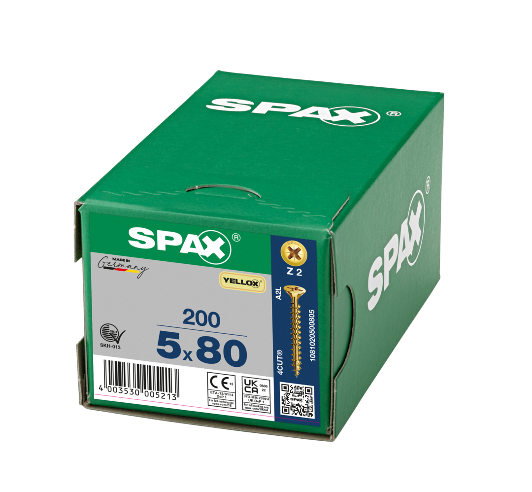 SPAX 5 x 80mm pozi countersunk Yellox woodscrew box of 200