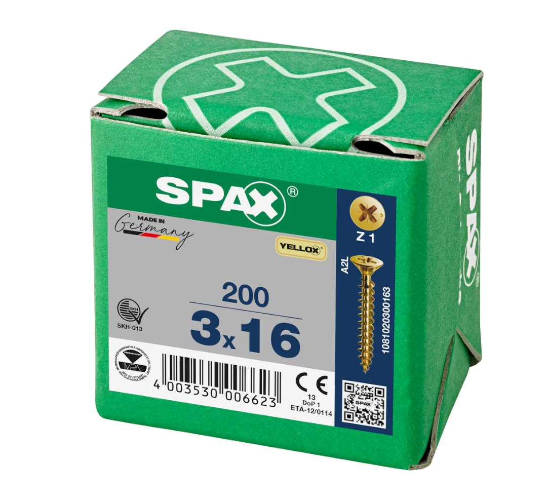SPAX 3 x 16mm pozi countersunk Yellox woodscrew box of 200