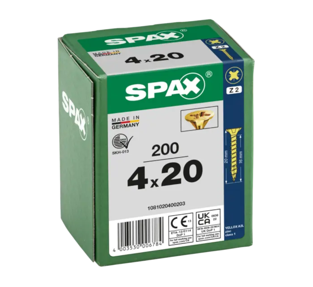 SPAX 4 x 20mm pozi countersunk Yellox woodscrew box of 200