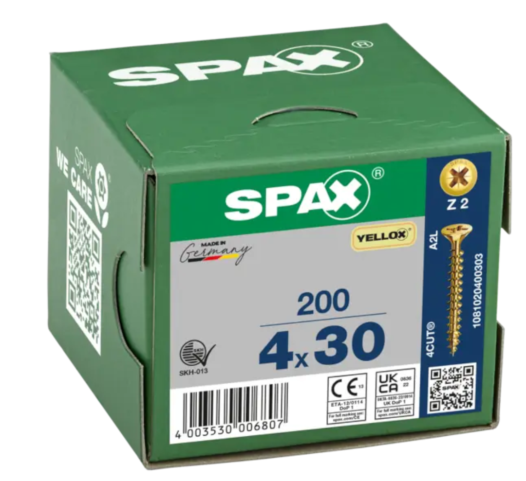 SPAX 4 x 30mm pozi countersunk Yellox woodscrew box of 200