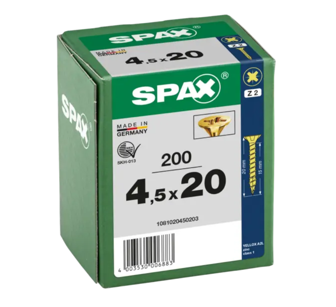 SPAX 4.5 x 20mm pozi countersunk Yellox woodscrew box of 200