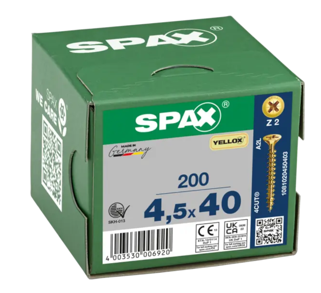 SPAX 4.5 x 40mm pozi countersunk Yellox woodscrew box of 200
