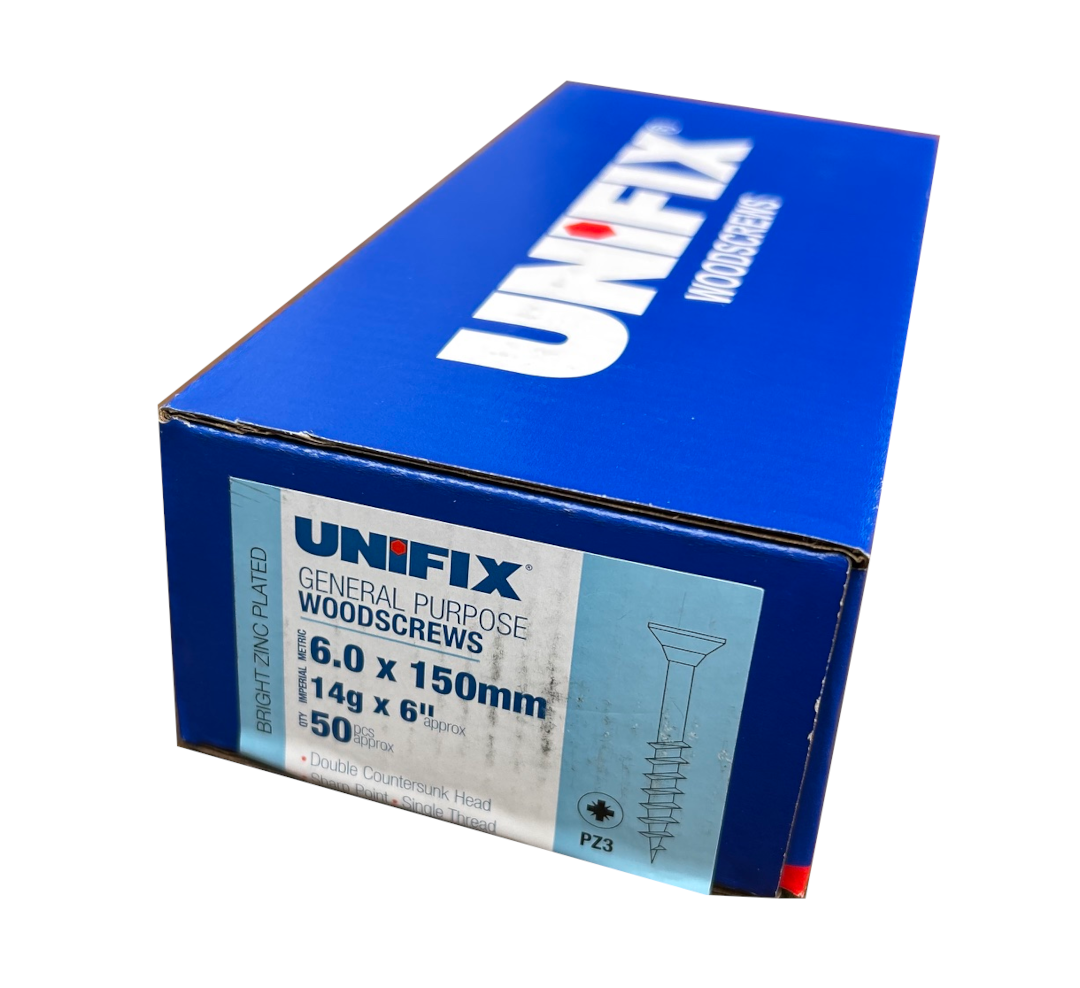 UNIFIX 6 x 150mm general purpose screw bright zinc plated box of 50 (QC1102)