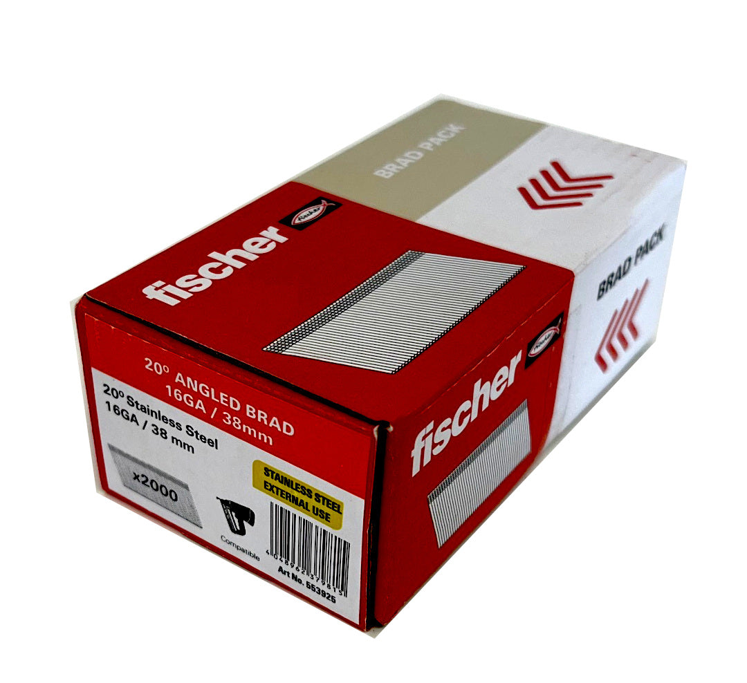FISCHER 553925 38mm 16G angled STAINLESS STEEL brads box of 2000 (QC1545)