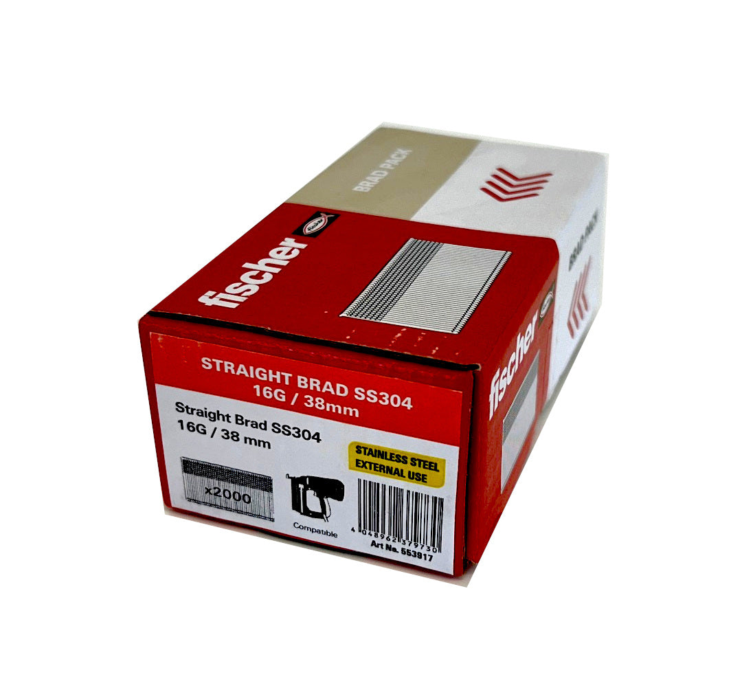 FISCHER 553917 38mm 16G straight STAINLESS STEEL brads box of 2000 (QC1542)