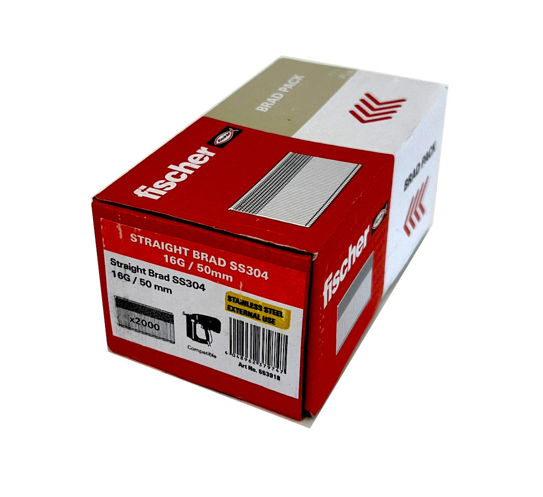 FISCHER 553918 50mm 16G straight STAINLESS STEEL brads box of 2000 (QC1543)