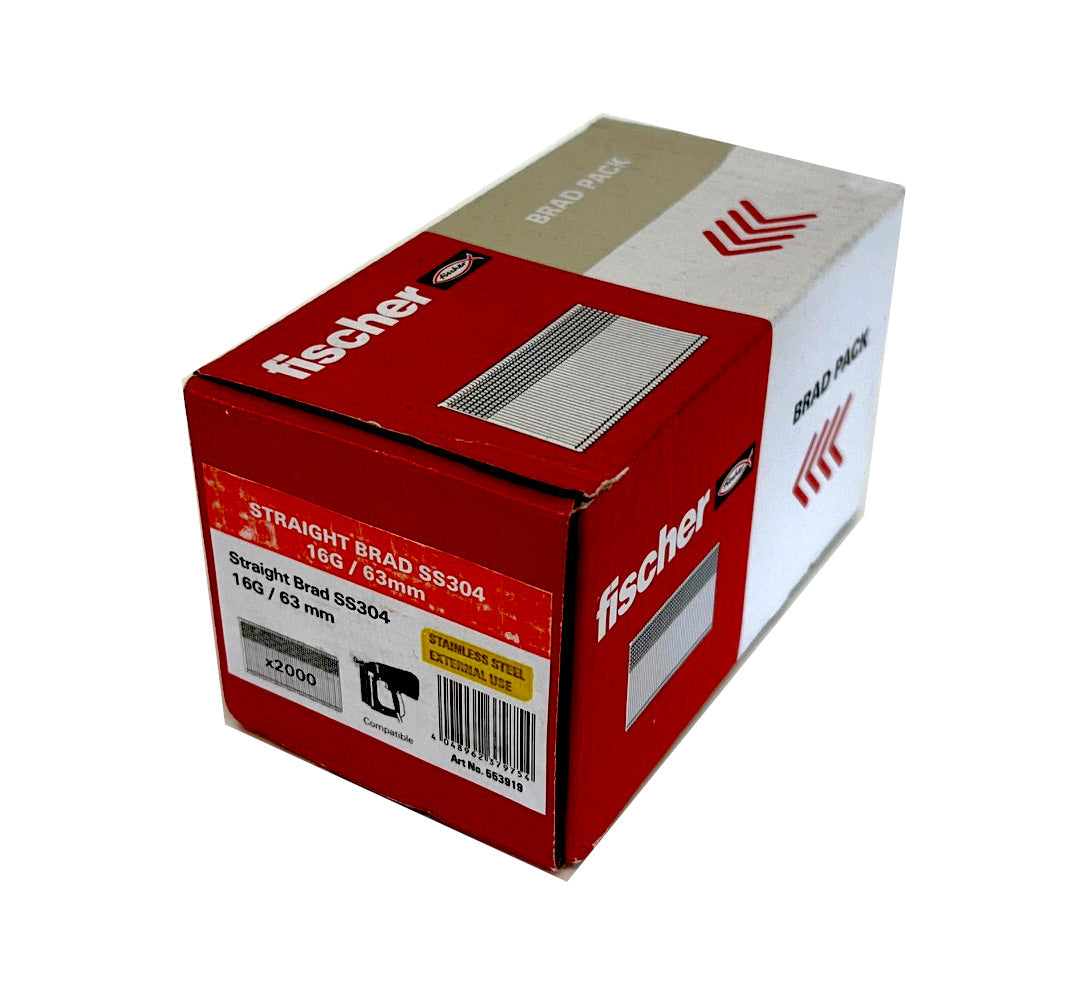 FISCHER 553919 63mm 16G straight STAINLESS STEEL brads box of 2000 (QC1544)
