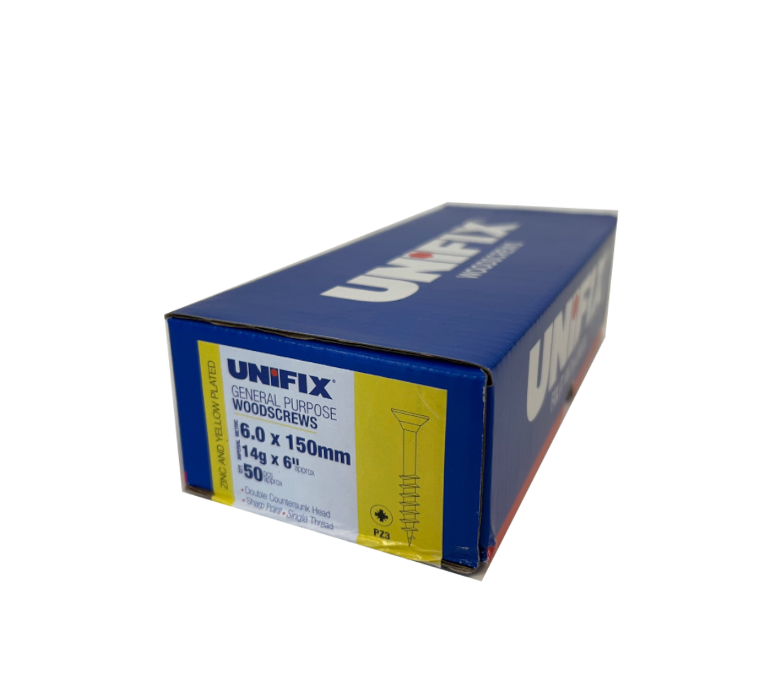 UNIFIX 6 x 150mm general purpose screw zinc yellow waxed box of 50 (QC1102)