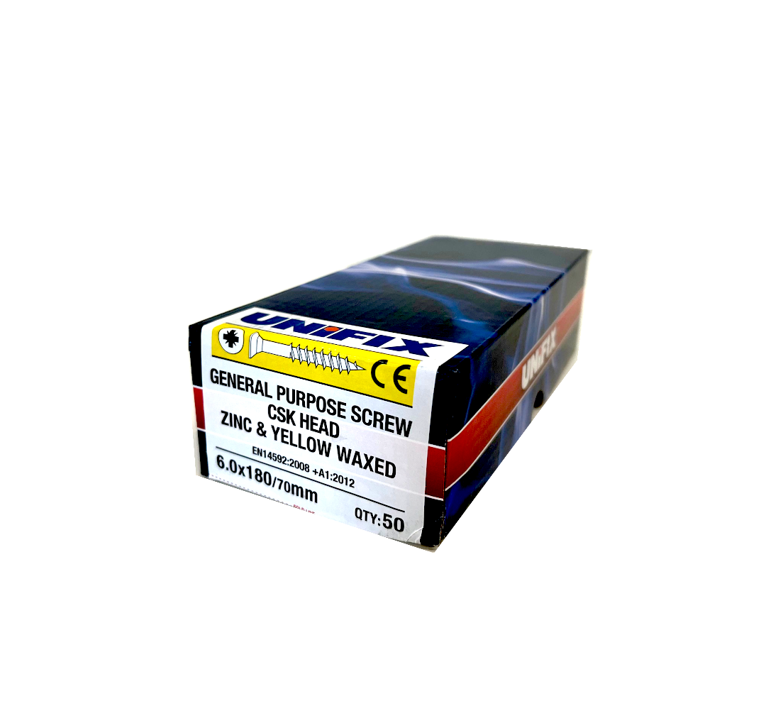 UNIFIX 6 x 180mm general purpose screw zinc yellow waxed box of 50 (QC1103)