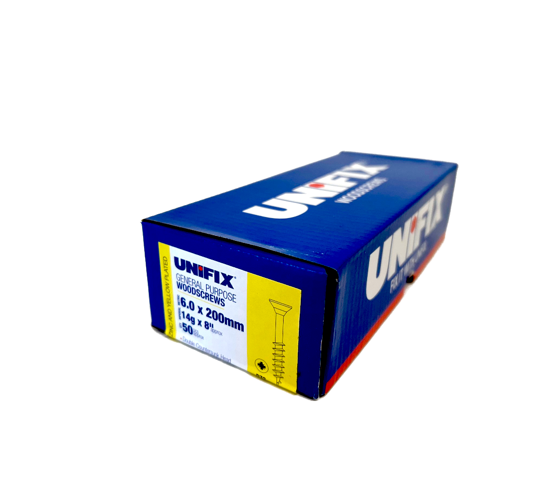 UNIFIX 6 x 200mm general purpose screw zinc yellow waxed box of 50 (QC1104)